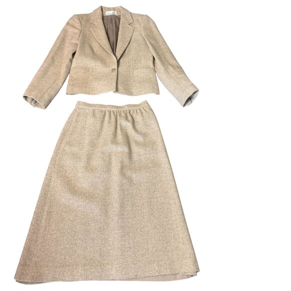 Vintage Austin Hill 100% Wool Skirt Suit Beige Blazer Midi Career Set S - Picture 1 of 16